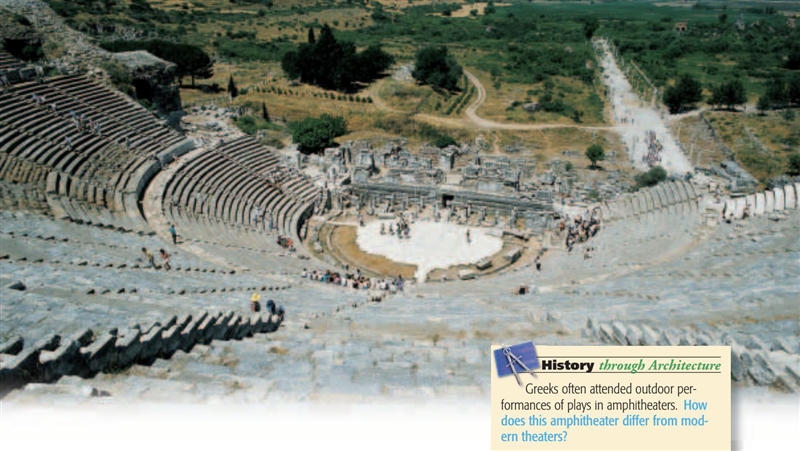 Analyze the photo on page 24, How does this amphitheater differ from modern theaters-example-1