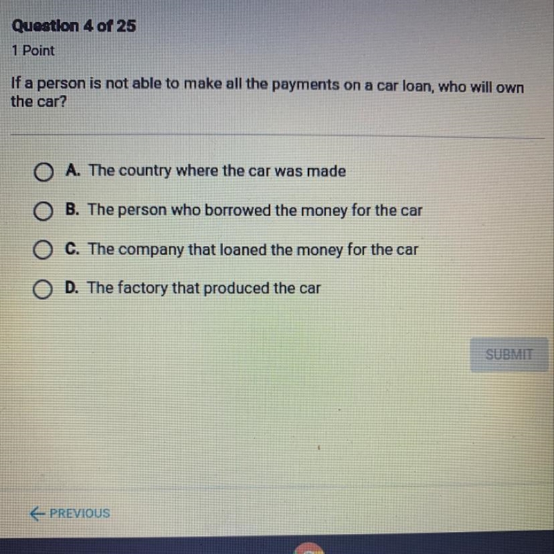 If a person is not able to make all the payments on a car loan, who will own the car-example-1