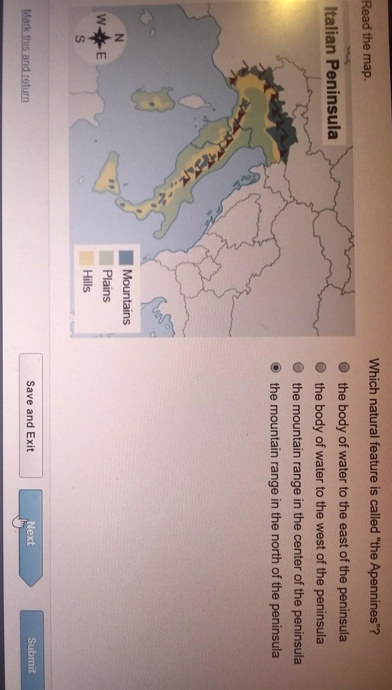 Read the map. which natural feature is called "the Apennines" A: the body-example-1