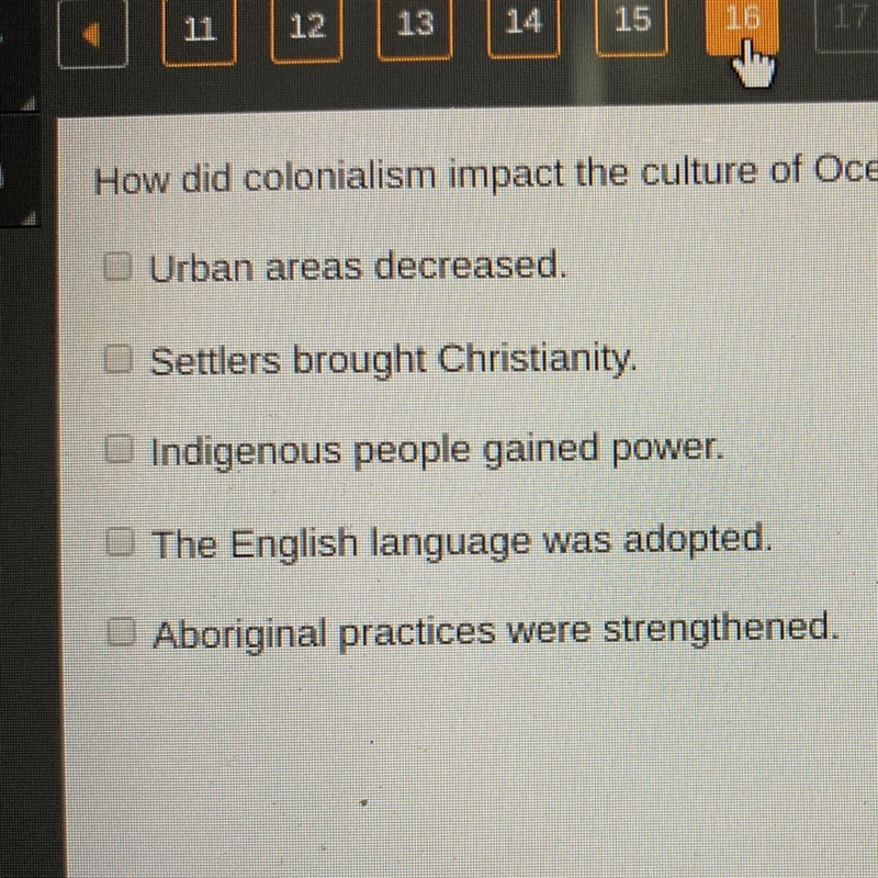 How did colonialism impact the culture of Oceania? Select two options,-example-1