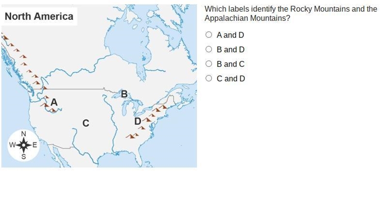 Which labels identify the Rocky Mountains and the Appalachian Mountains? A and D B-example-1