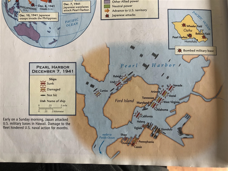 Use the map Pearl Harbor Attacks to answer the question. The Pearl Harbor base is-example-1