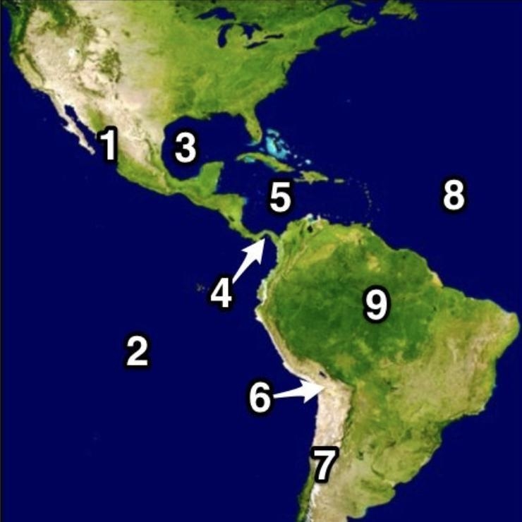 Which number on the map represents the Caribbean Sea? A)2 B)3 C)5 D)8-example-1