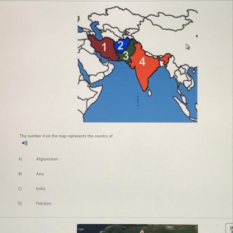 The number 4 on the map is represented by the country of A. Afghanistan B. Asia C-example-1