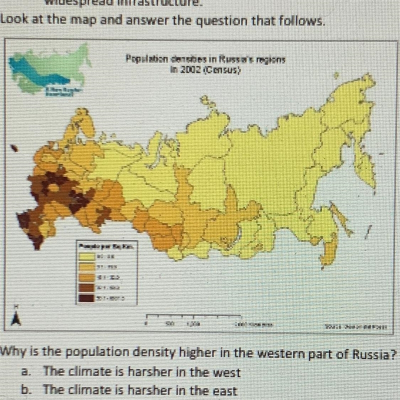 Why is the population density higher in the western part of Russia? a. The climate-example-1