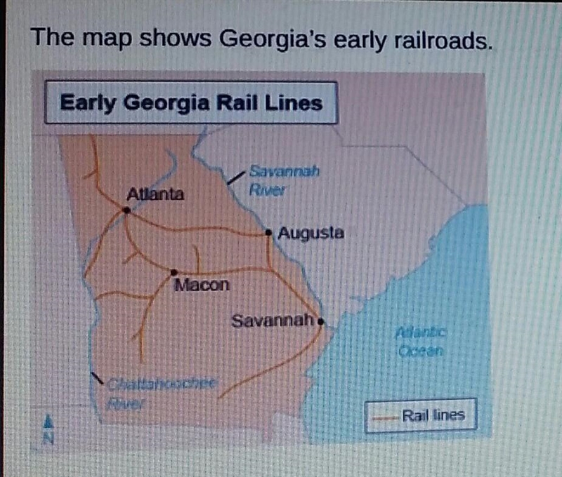 This map shows that by 1850, Georgia had more rail lines than any other Southern state-example-1