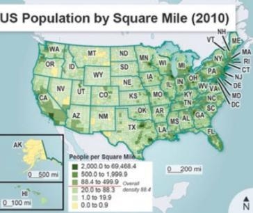 Examine the map showing US population distribution. A map titled U S Population by-example-1