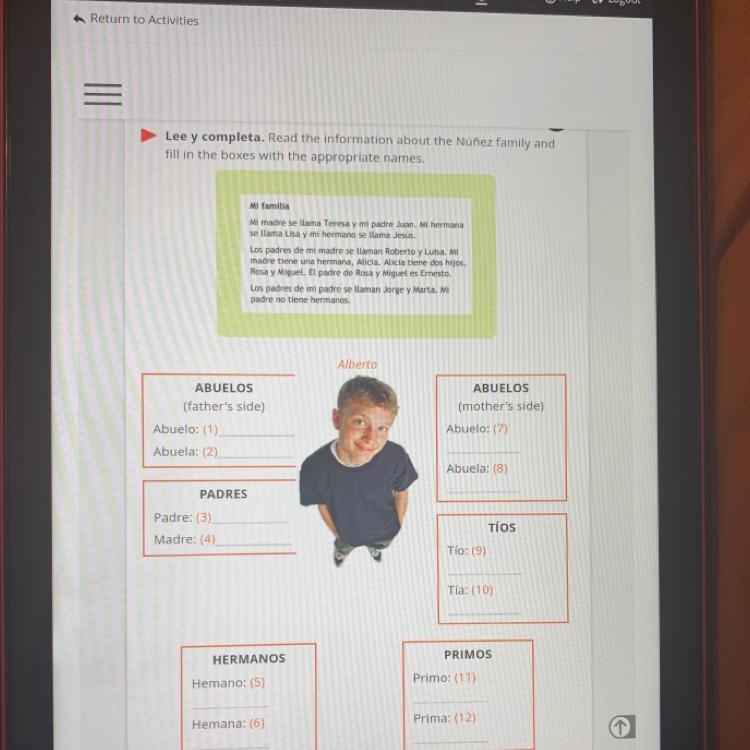 Lee y completa. Read the information about the Núñez family and fill in the boxes-example-1