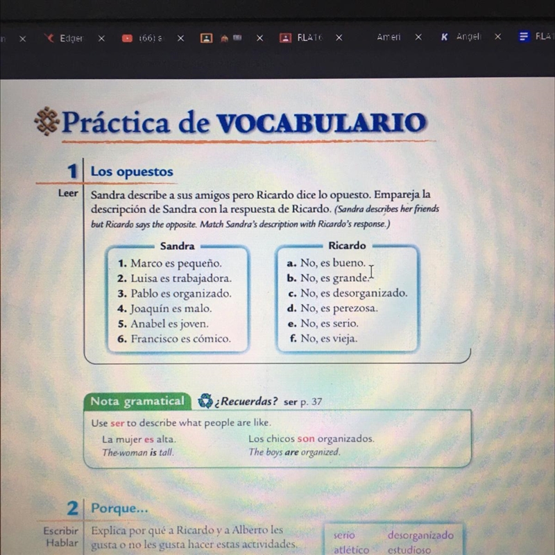 1 Los opuestos Leer Sandra describe a sus amigos pero Ricardo dice lo opuesto. Empareja-example-1