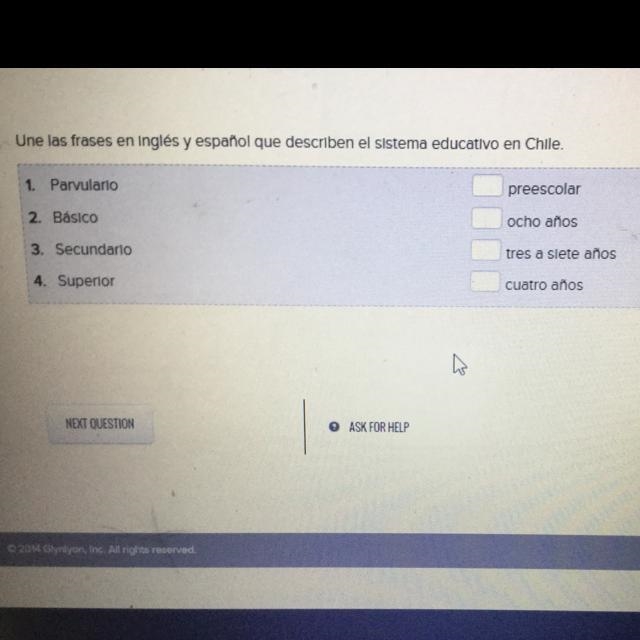 Une las frases en Inglés y español que describen el sistema educativo en Chile. 1. Parvulario-example-1