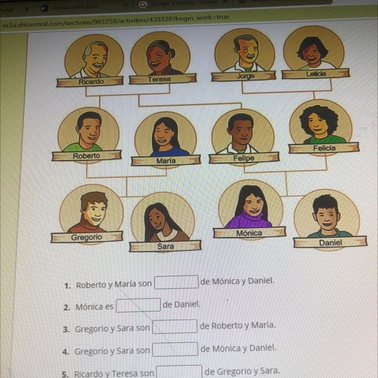 1. Roberto y Maria son de Mónica y Daniel. 2. Mónica es de Daniel. 3. Gregorio y Sara-example-1