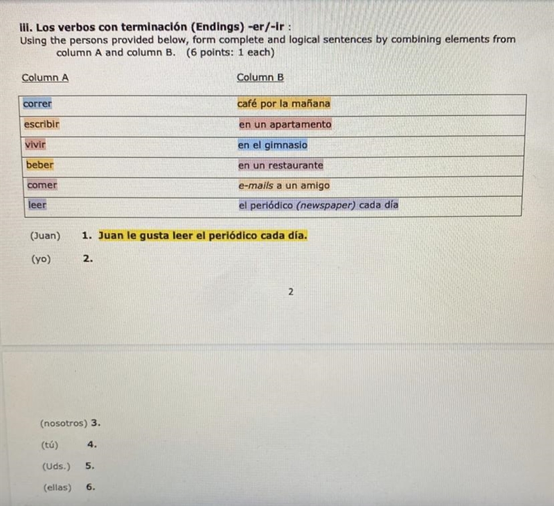 PLEASE HELP me with this spanish homework! this is a (Spanish 1 in college) class-example-1