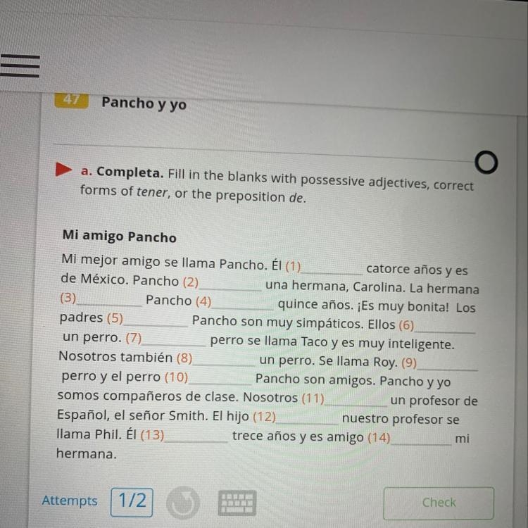 Completa. Fill in the blanks with possessive adjectives, correct forms of tener, or-example-1