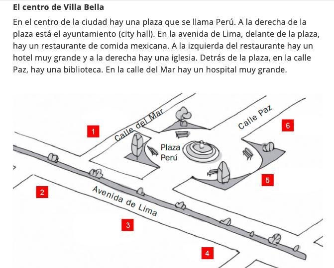 Lee y relaciona. Read the following description of downtown Villa Bella, a fictitious-example-1