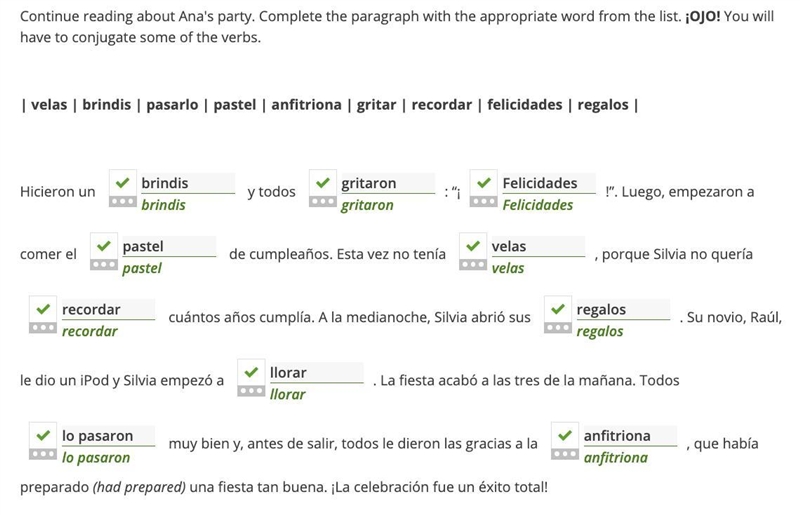 | velas | brindis | pasarlo | pastel | anfitriona | gritar | recordar | felicidades-example-1