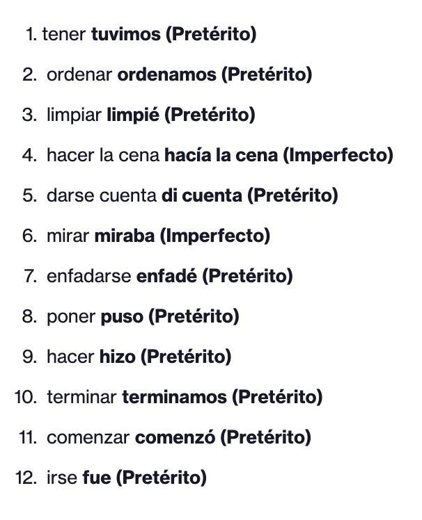 Escucha lo que cuenta Isabel sobre la cena e indica si los verbos de la lista se usan-example-1