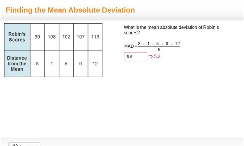 What is the mean absolute deviation of Robin’s scores? M A D = StartFraction 8 + 1 + 5 + 0 + 12 over-example-1