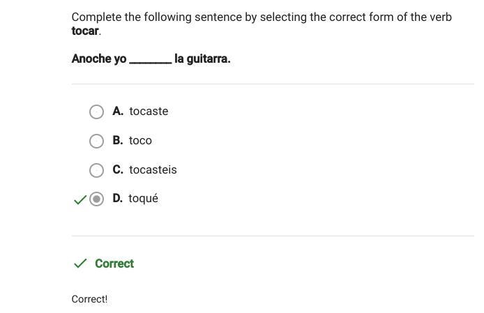 Complete the following sentence by selecting the correct form of the verb tocar. Anoche-example-1