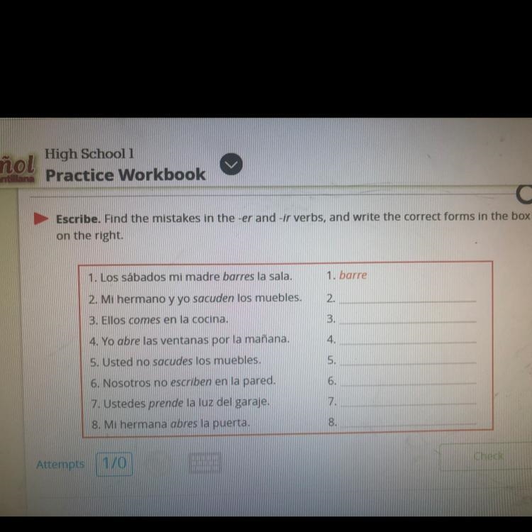 Kbook Escribe. Find the mistakes in the -er and -ir verbs, and write the correct forms-example-1