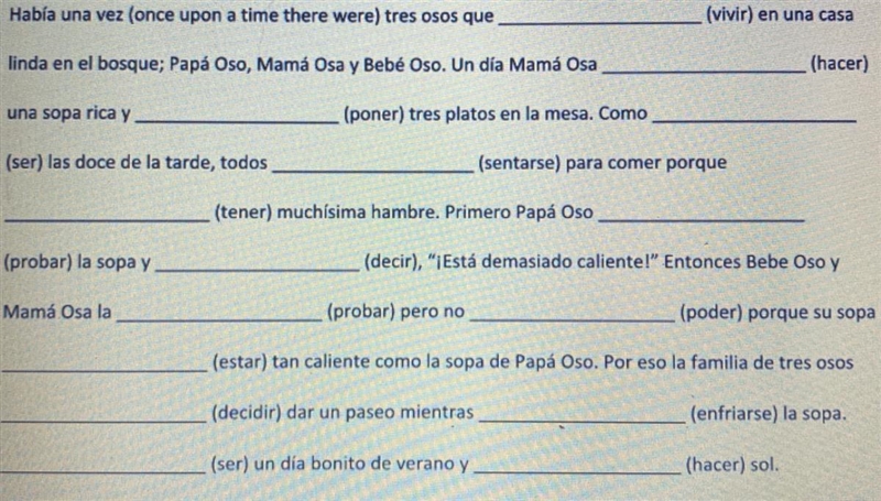 SPANISH 3 “use the text boxes to fill in the correct conjugations in pretérito or-example-1