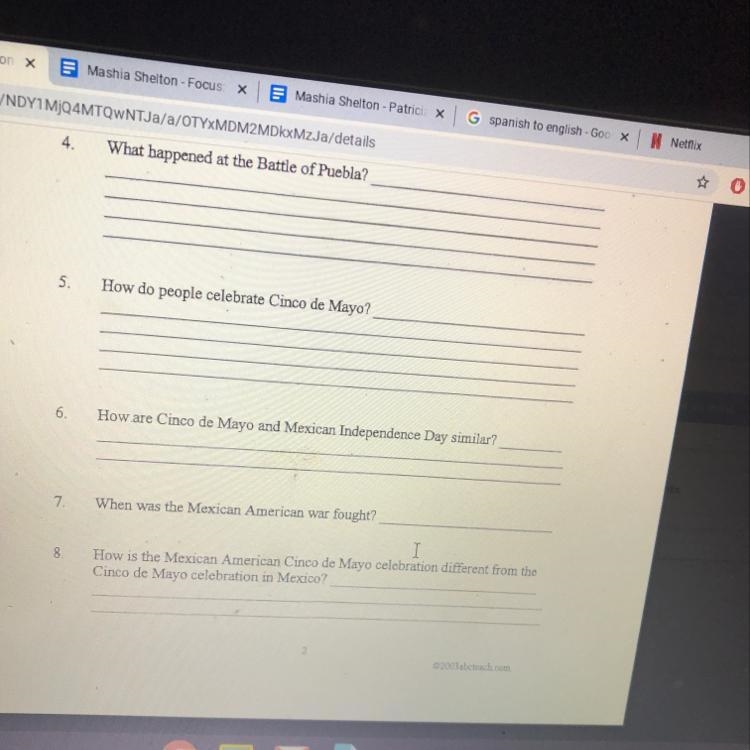 NAME ANSWER THE QUESTIONS ABOUT CINCO DE MAYO DATE 1. Cinco de Mayo means in Spanish-example-1