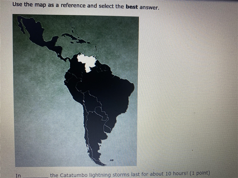 Use the map as a reference and select the best answer. In ____ the cataumbo lightning-example-1