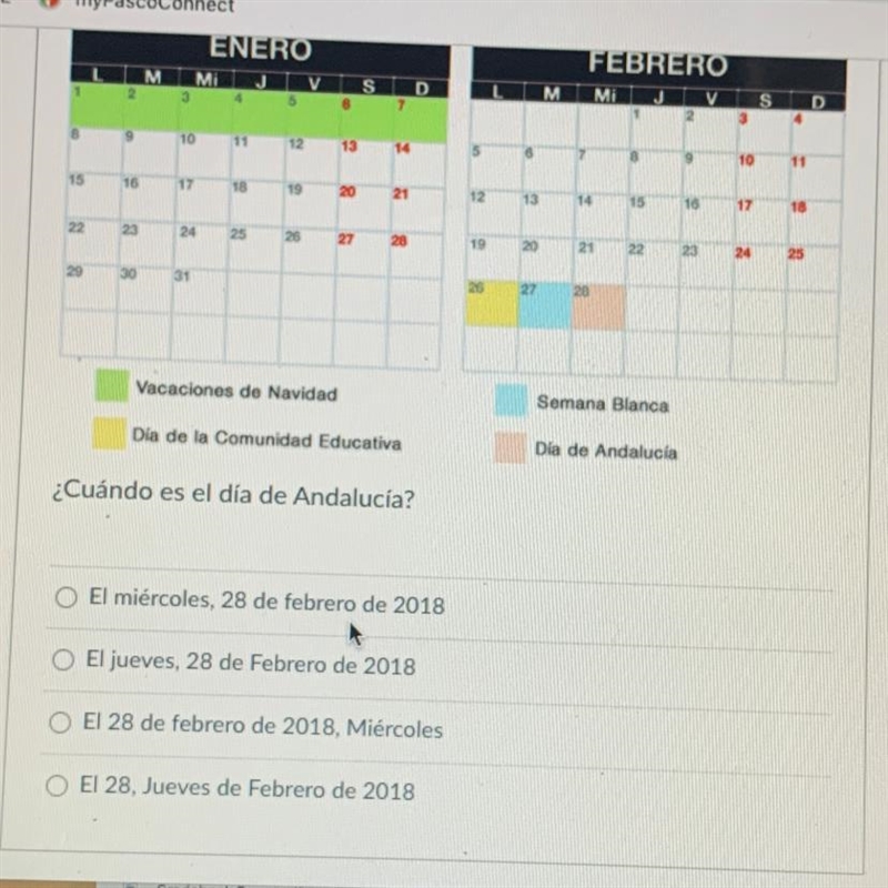 ¿Cuándo es el día de Andalucía? O El miércoles, 28 de febrero de 2018 El jueves, 28 de-example-1