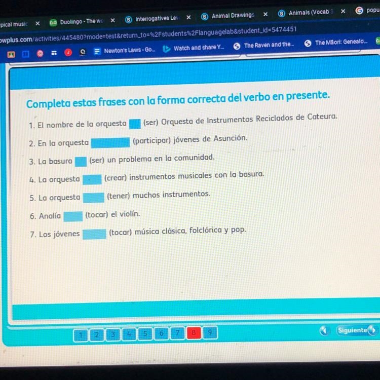 Completa estas frases con la forma correcta del verbo en presente.-example-1