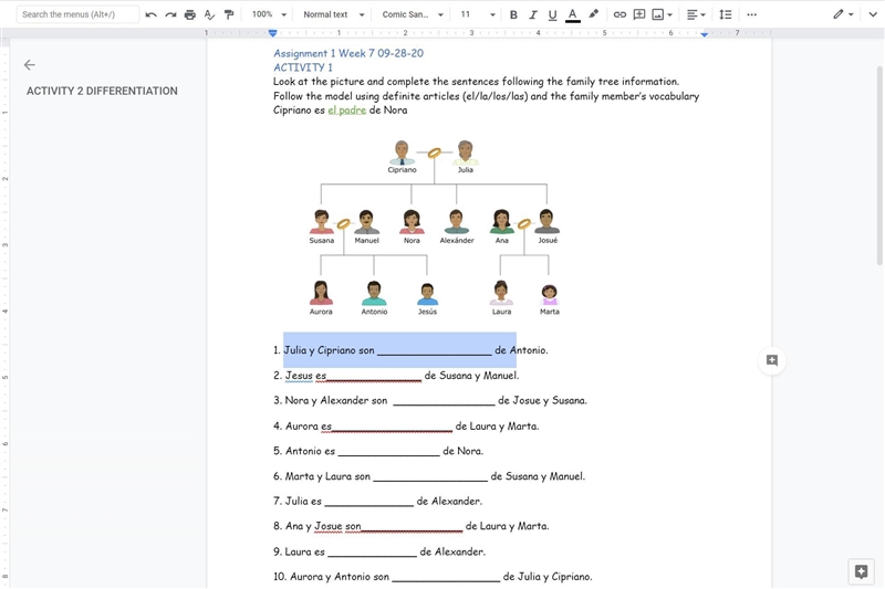 Look at the picture and complete the sentences following the family tree information-example-1