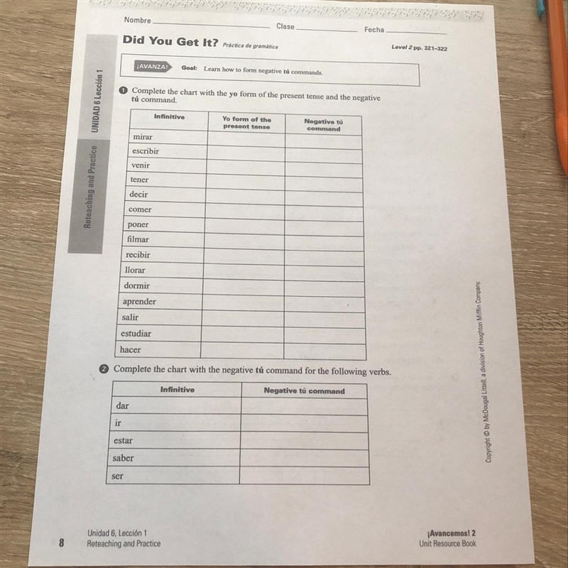 Complete the chart with the you form of the present tense and the negative tú command-example-1