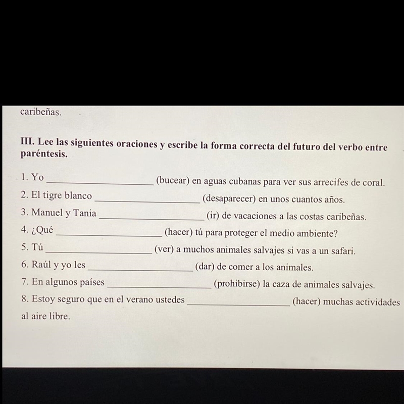 Hi, this is Spanish HW for future sentences. If anyone could do this really quick-example-1