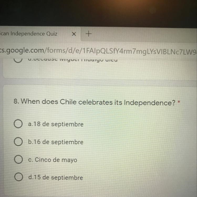 8. When does Chile celebrates its Independence? *-example-1