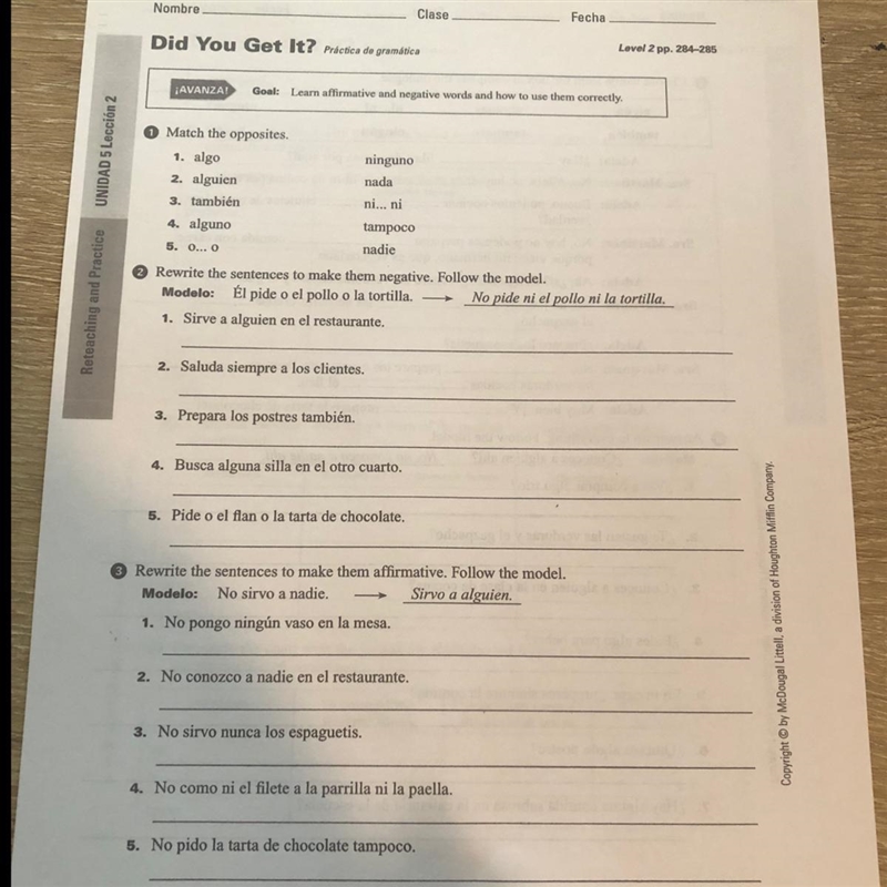 Match the opposites Rewrite the sentences to make them negative Rewrite the sentences-example-1