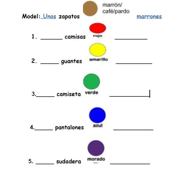 Warm up: write un/una/unos/unas and write the color following the gender and Number-example-1