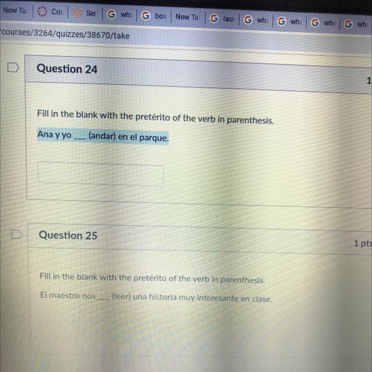 I need help with questions 24 and 25! You have to use the preterite tense!-example-1