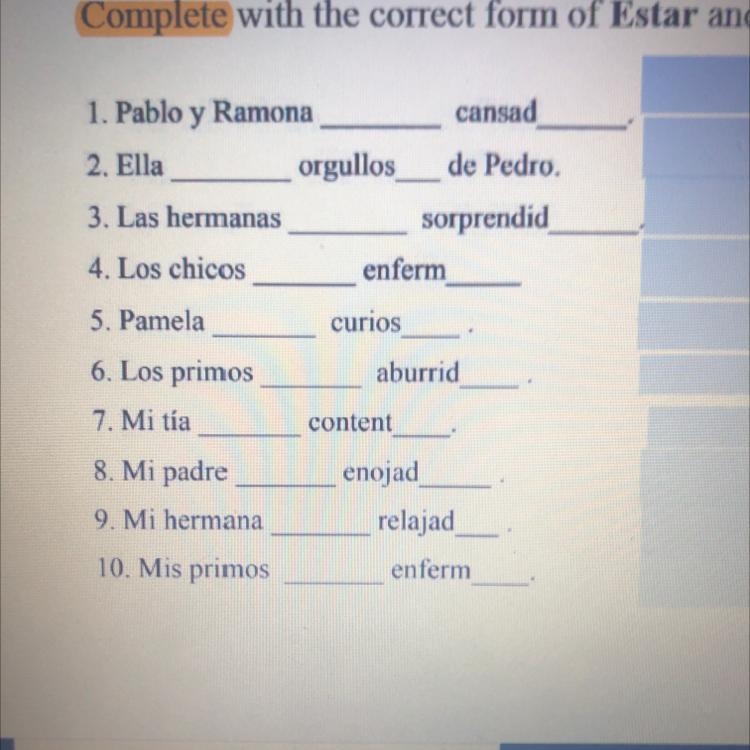 Complete with the correct form of Estar and the correct form of the adjective-example-1