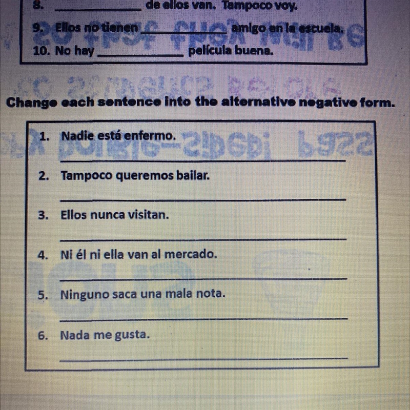 Change each sentence into the alternative negative form.-example-1