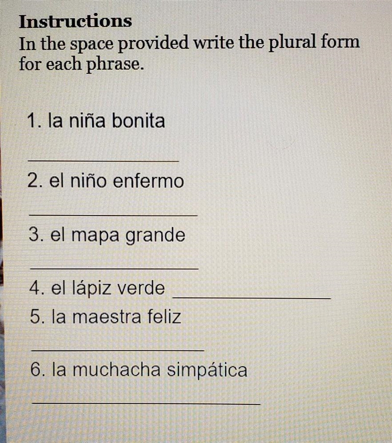 In the space provided write the plural form for each phrase.​-example-1