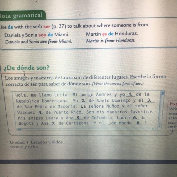 7 ¿De dónde son? Leer Los amigos y maestros de Lucía son de diferentes lugares. Escribe-example-1