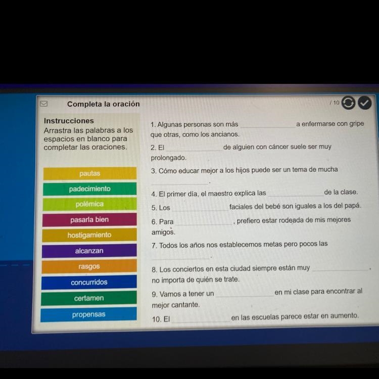 Instrucciones Arrastra las palabras a los espacios en blanco para completar las oraciones-example-1