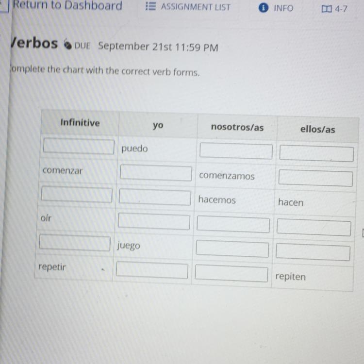 Complete the chart with the correct verb forms-example-1