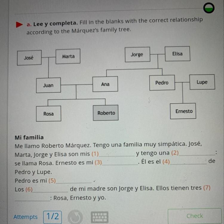 Lee y completa. Fill in the blanks with the correct relationship according to the-example-1