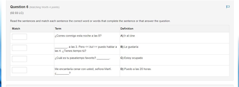 Spanish-PLEASE HELP!- Match each sentence with the correct sentence.-example-1