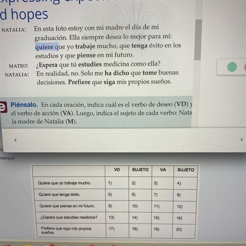 Instructions: En cada oración, indica cuál es el verbo de deseo (VD) y cuál es el-example-1