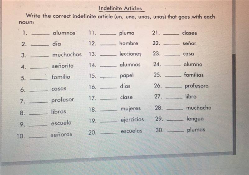 Write the correct indefinite article (un, una, unos, unas) that goes with each noun-example-1