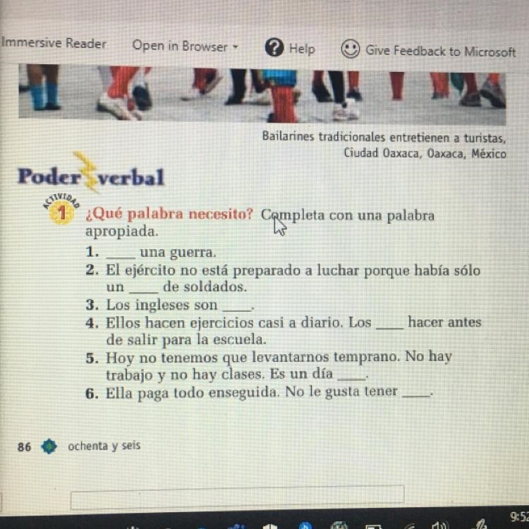 HELP!! I don’t really understand Spanish and I need help! ¿Qué palabra necesito? Completa-example-1