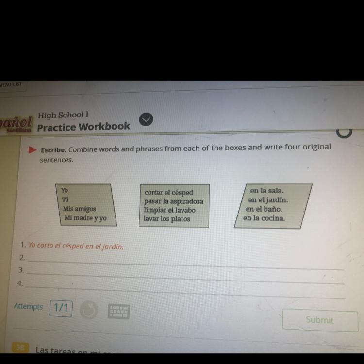 Santillana Practice Workbook Escribe. Combine words and phrases from each of the boxes-example-1