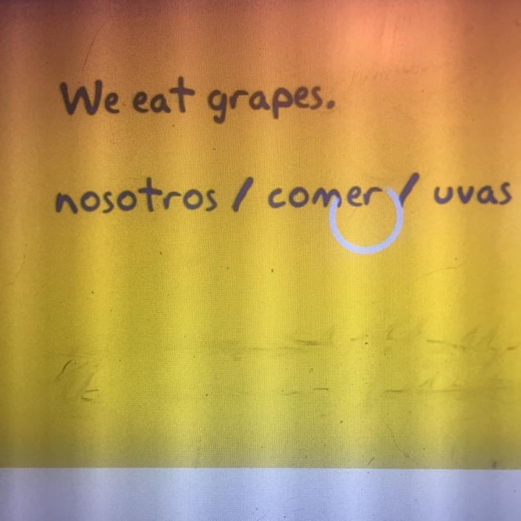 Write as a conjugation We eat grapes. Using nosotros/comer/uvas-example-1