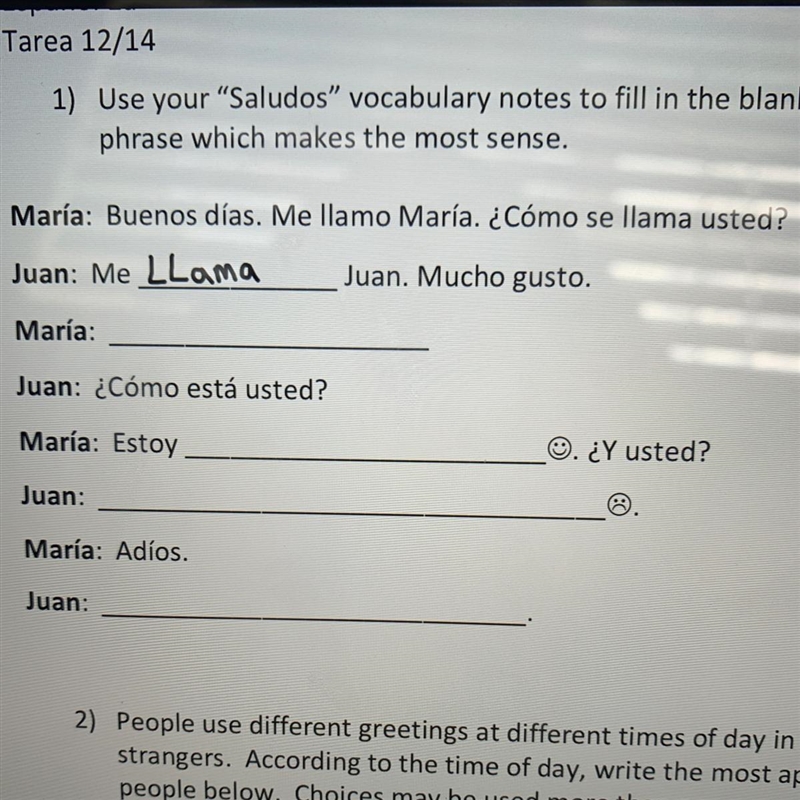 Use your "Saludos" vocabulary notes to fill in the blanks in the dialogue-example-1