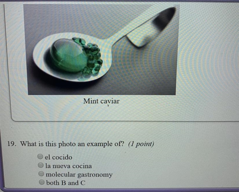 Mint caviar 19. What is this photo an example of? el cocido la nueva cocina molecular-example-1